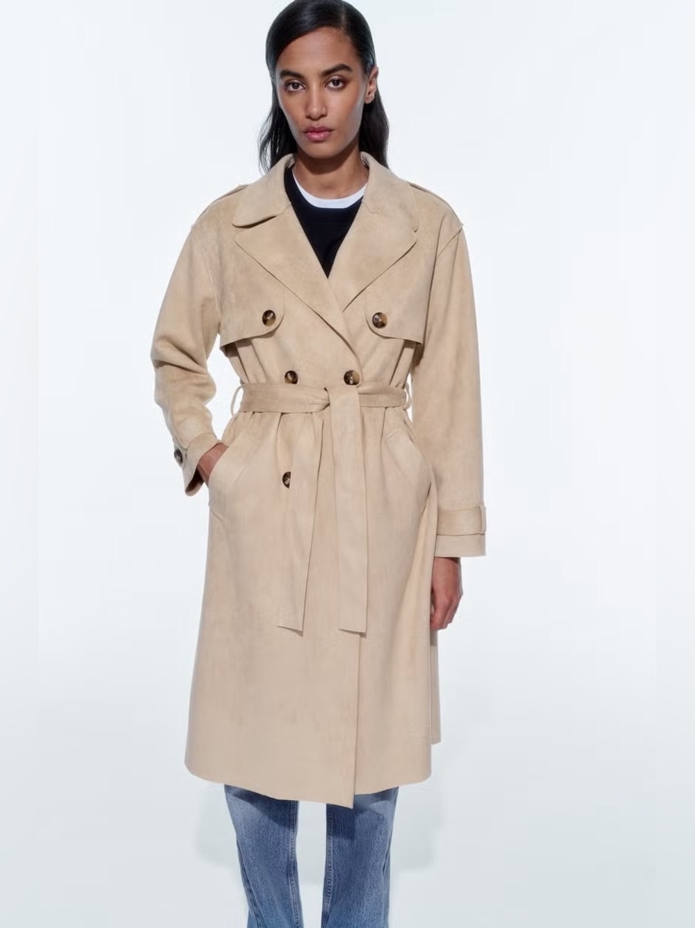 ZARA Tan Faux Suede Belted Trench Coat Size Small